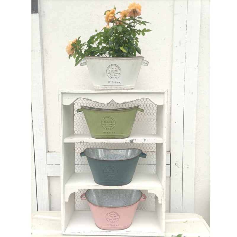 French Country Vintage Planter – Rustic "La Vie Claire" Oval Metal Tub (4 Colors)