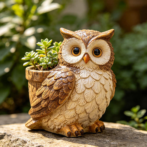 Lifelike Woodland Owl Planter – Hand-Painted Resin Succulent Pot & Garden Statue (3.9" Tall)