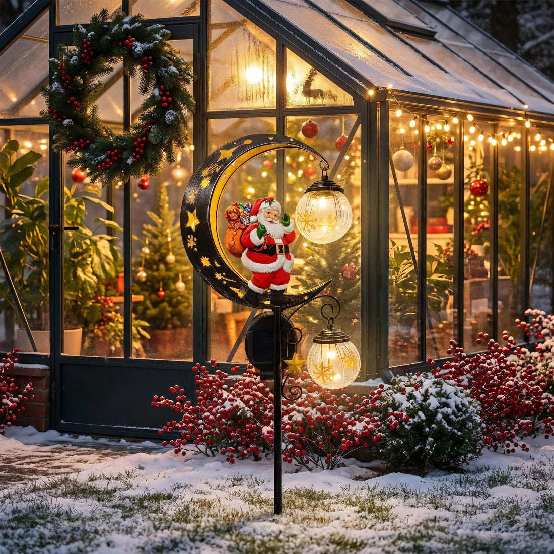 Luminous Winter Moon – Solar Metal Christmas Pathway Stake with Glowing Glass Orb (7 Styles)