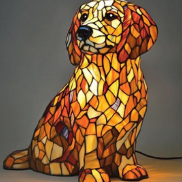 Seated golden retriever mosaic resin LED garden light with multicolor stained-glass pattern