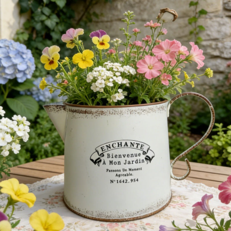 Vintage French Country Metal Planter Set of 4 – Rustic "Enchanté" Collection