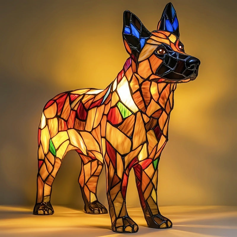 Standing dog mosaic resin LED garden light with multicolor stained-glass finish and glowing light