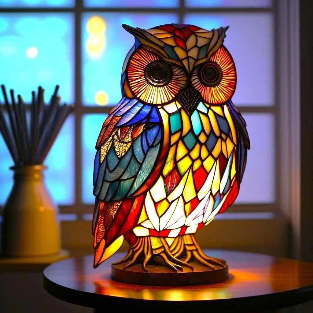 Owl mosaic resin LED garden light with colorful stained-glass body and glowing eye details