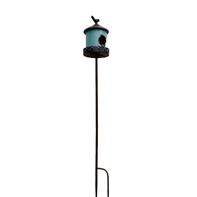 Mint-blue metal birdhouse garden stake with round entry hole and small bird detail