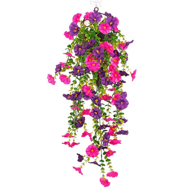 Hanging artificial morning glory vine with purple and magenta flowers and green vines