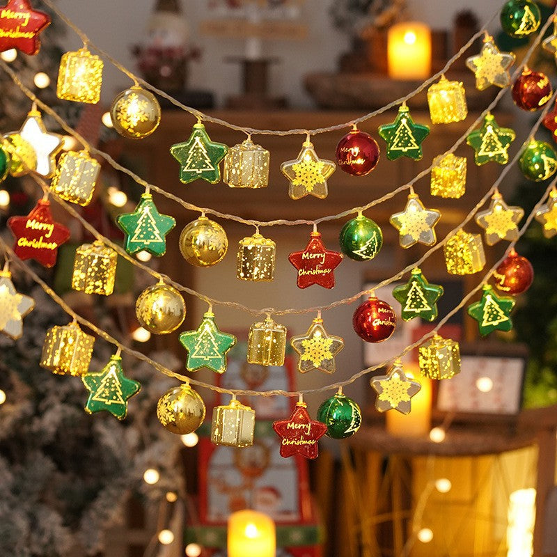 Festive LED light string with gold, green, and red bauble and star ornaments
