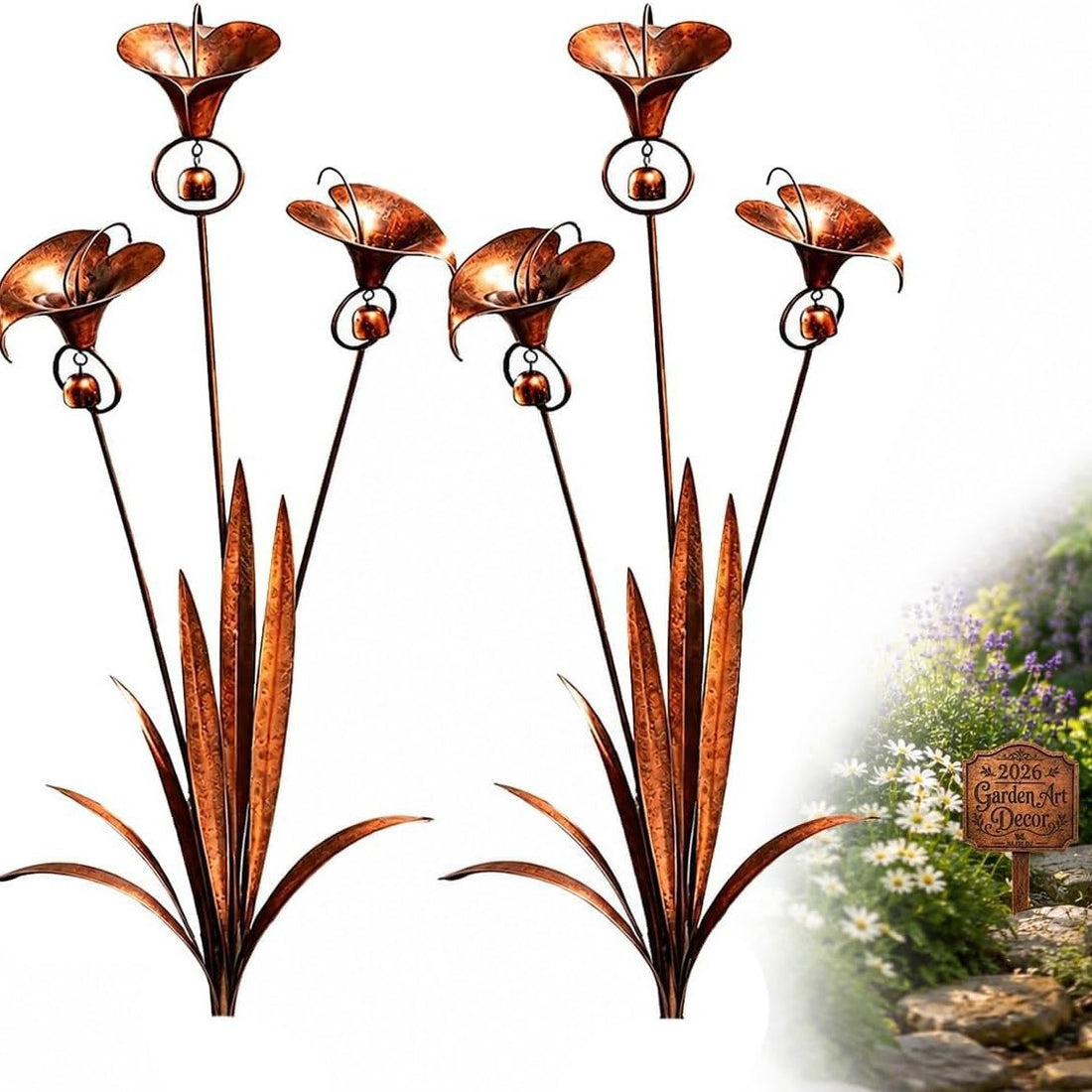 Rustic metal garden stake with three copper patina bell flowers and long leaf blades