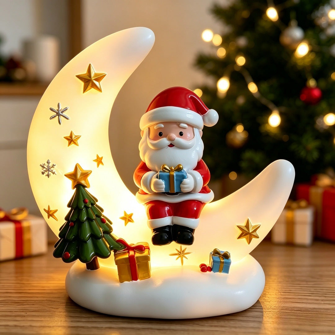 Julemandens måneformede USB-natlampe med træ og gavedetaljer