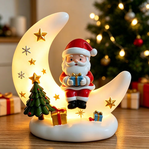 Santa Claus moon-shaped USB night light with tree and gift accents