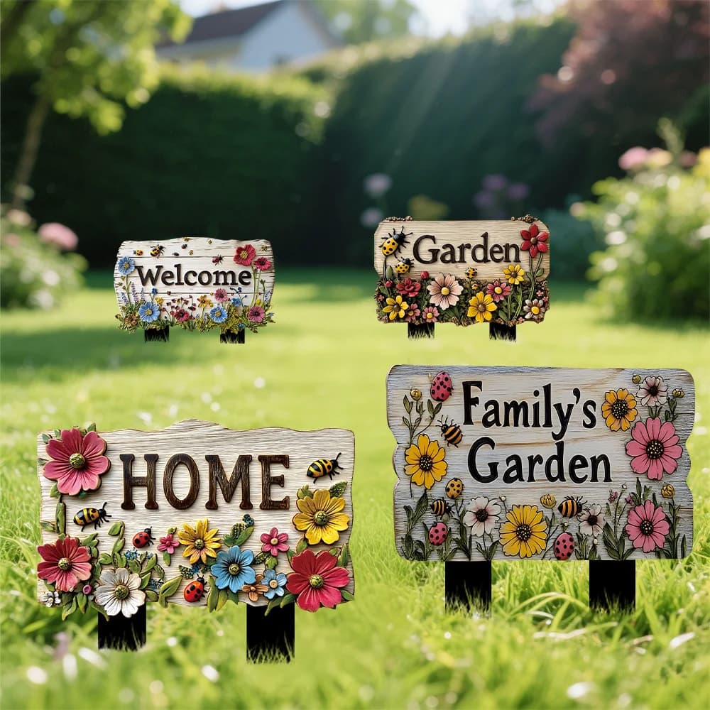 Floral wooden yard stakes featuring Welcome, Garden, HOME, and Family's Garden