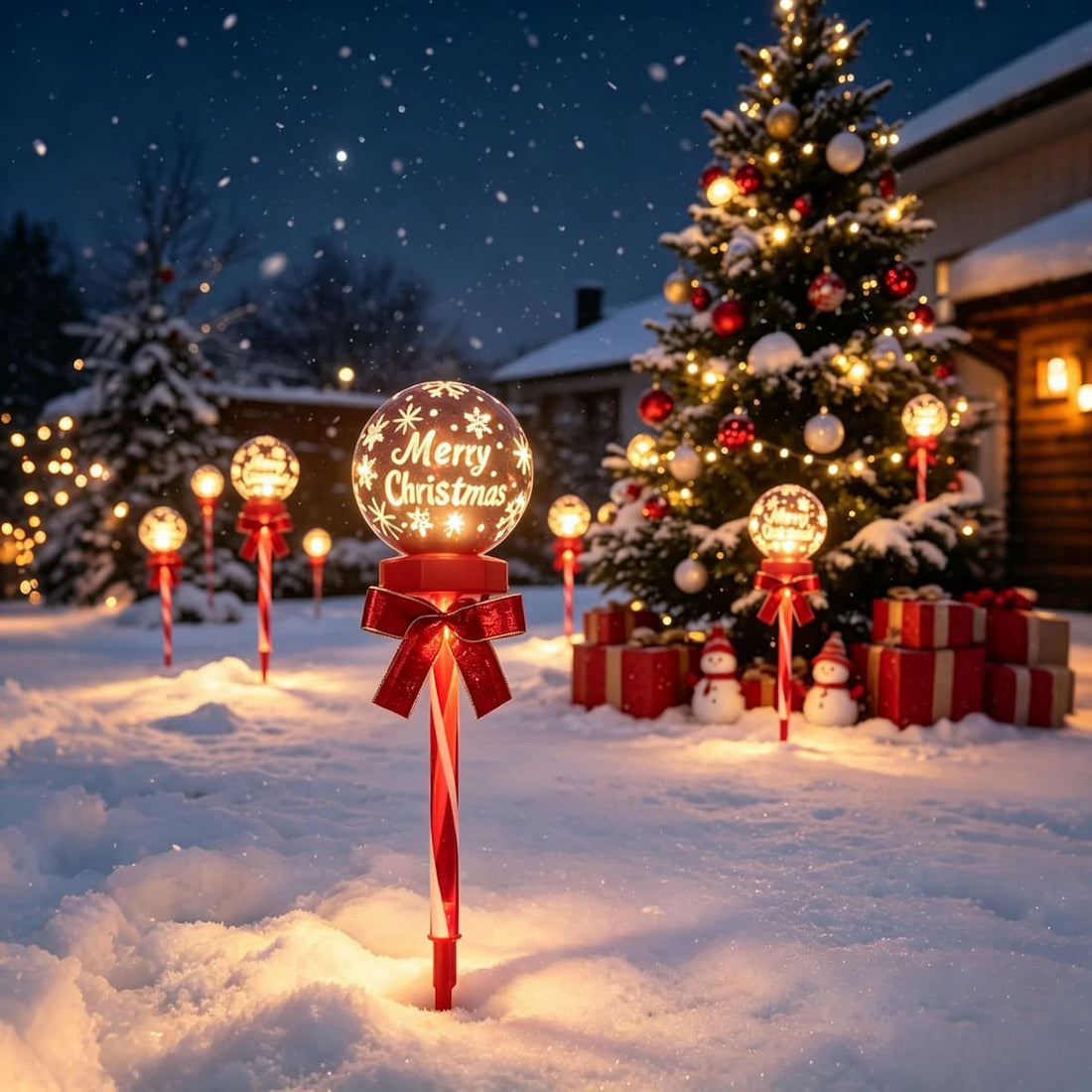 Solar Christmas Snowflake Garden Lights – Set of 2 Red Ball Lawn Stakes