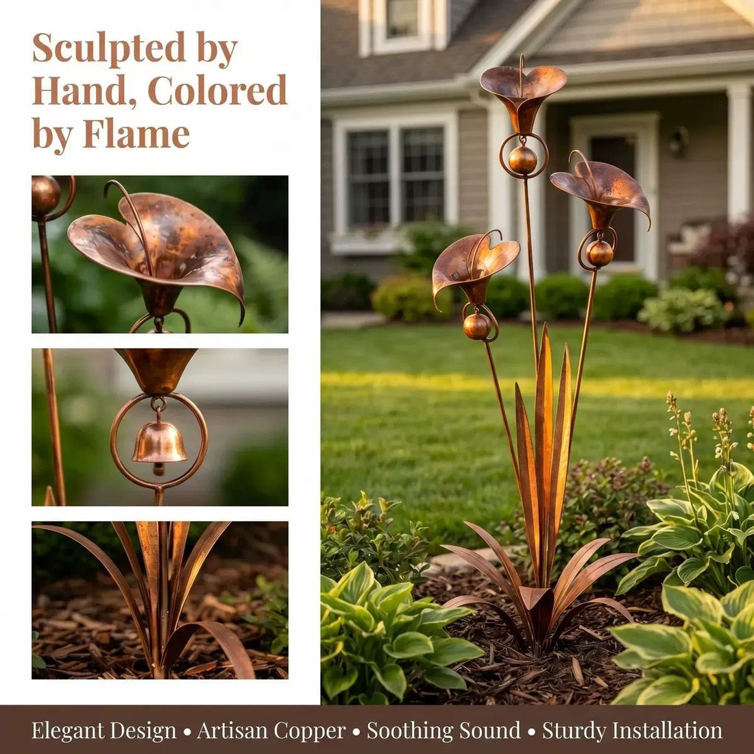 Copper-tone metal garden stake with bellflower cups and hanging beads, shown in close-ups