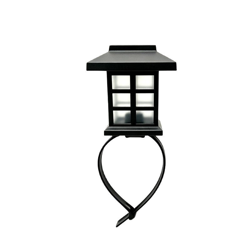 Solar strap-on railing lantern, black frame, square frosted window panels, white light