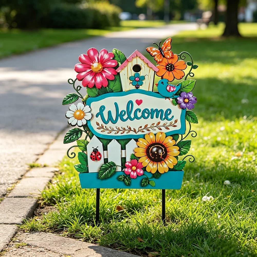 A colorful decorative yard sign with the word “Welcome” on a signboard, displayed on a grassy lawn next to a paved path.