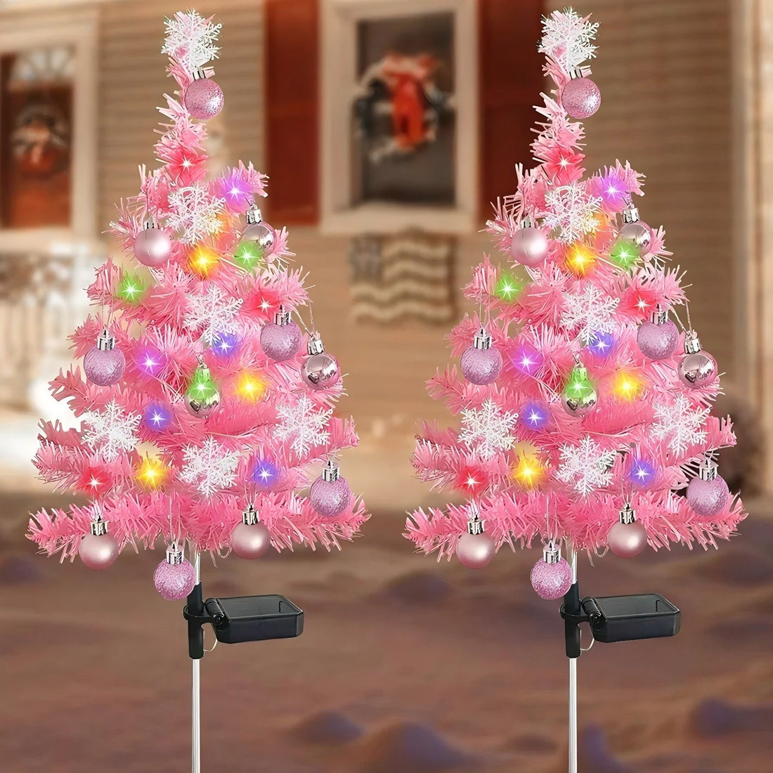 Pre-Lit Pink Solar Christmas Tree Pathway Stakes – Coquette Holiday Yard Decor with Ornaments (Set of 2)