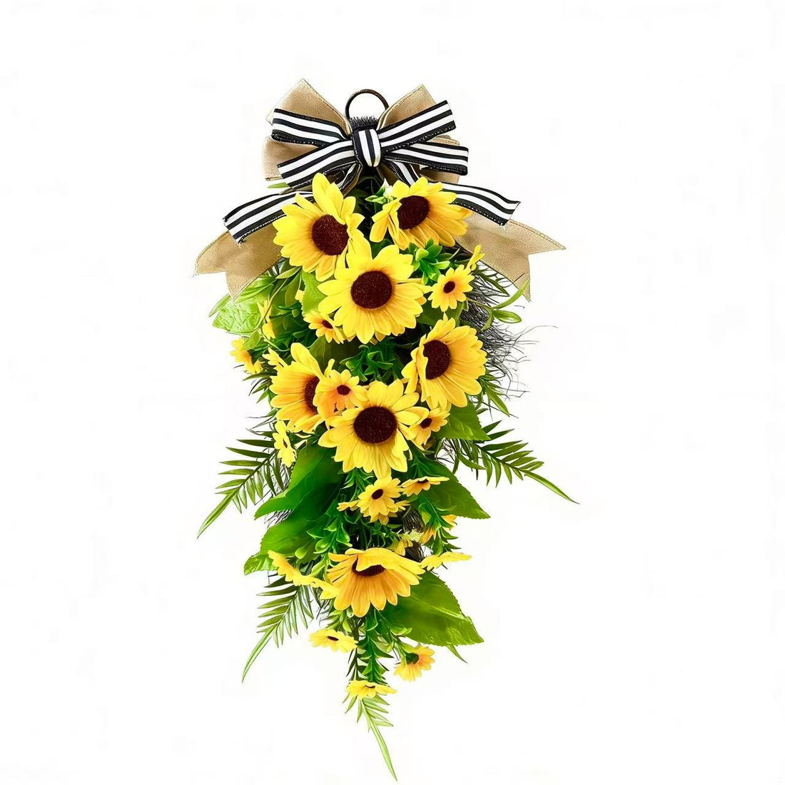 Farmhouse Sunflower Teardrop Swag – Artificial Front Door Wreath with Burlap Bow (24" Long)