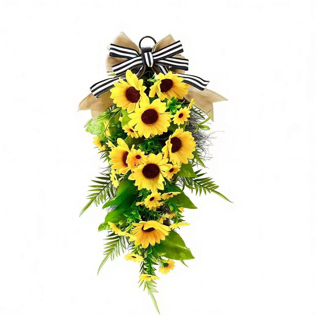 Farmhouse Sunflower Teardrop Swag – Artificial Front Door Wreath with Burlap Bow (24" Long)