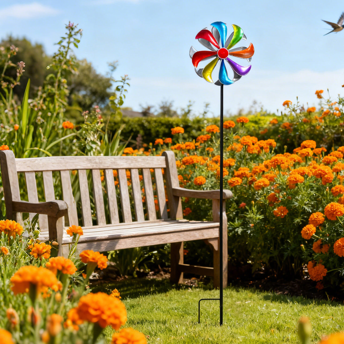 Kinetic Rainbow Wind Spinner – Colorful Metal Windmill Garden Stake (42.5" Tall)