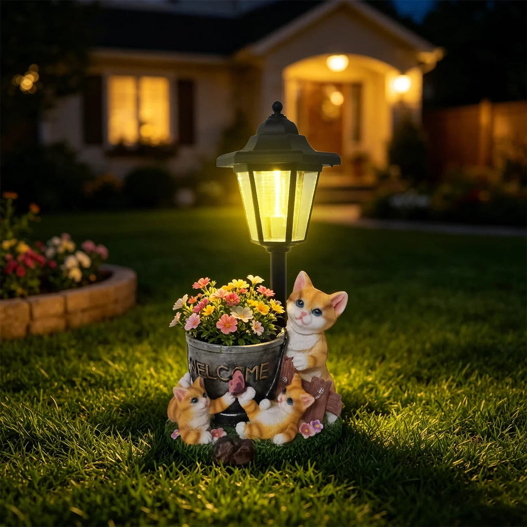 Luminous Solar Cat Garden Guardian – Hand-Painted Resin Planter Statue with Glowing Lantern (3 Styles)