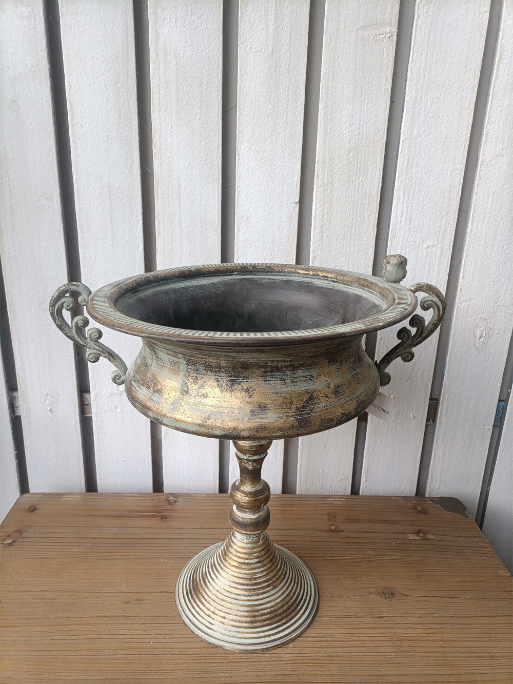 French Country Pedestal Planter Urn – Vintage Bird Trophy Garden Pot – Distressed Verdigris & Antique Gold (15.7" Tall)