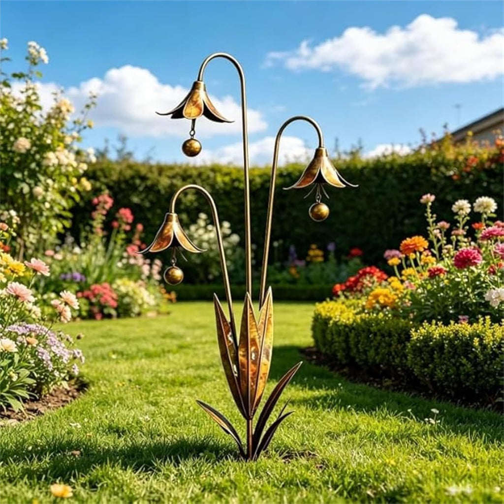 Copper-tone metal triple bellflower garden stake with hanging bead ornaments