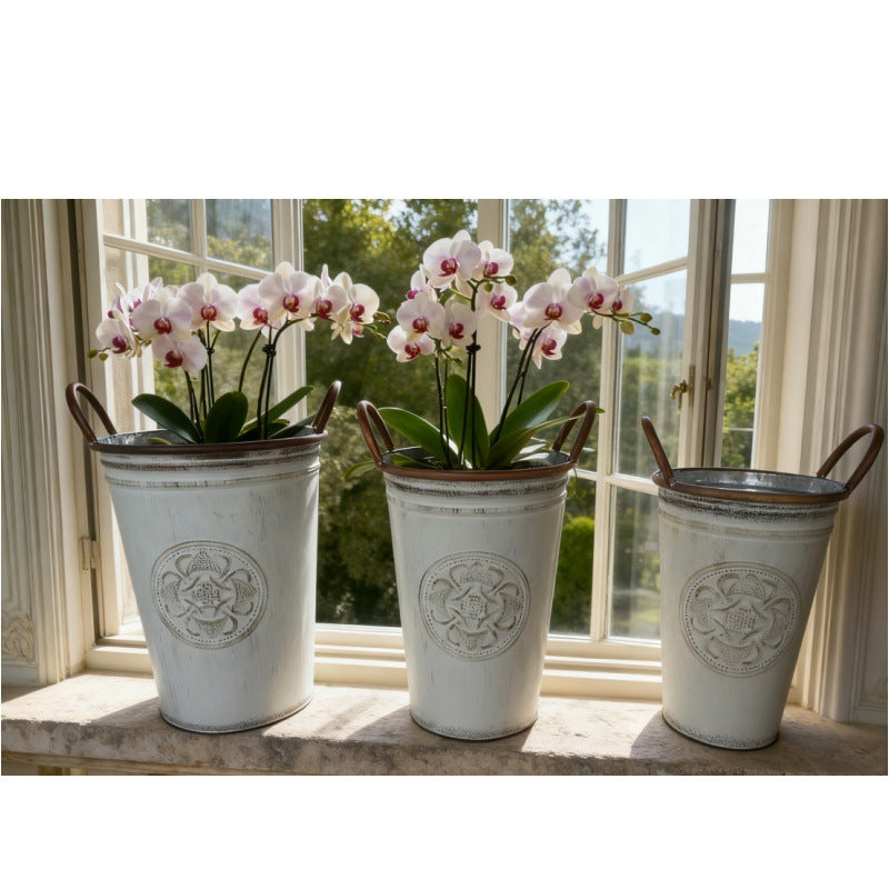 Vintage French Country Metal Planter Bucket with Double Handles