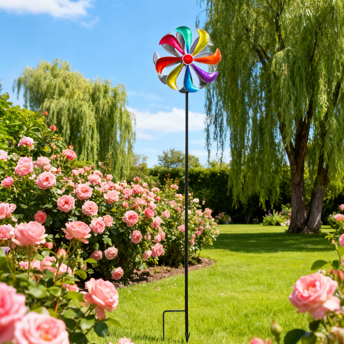 Kinetic Rainbow Wind Spinner – Colorful Metal Windmill Garden Stake (42.5" Tall)