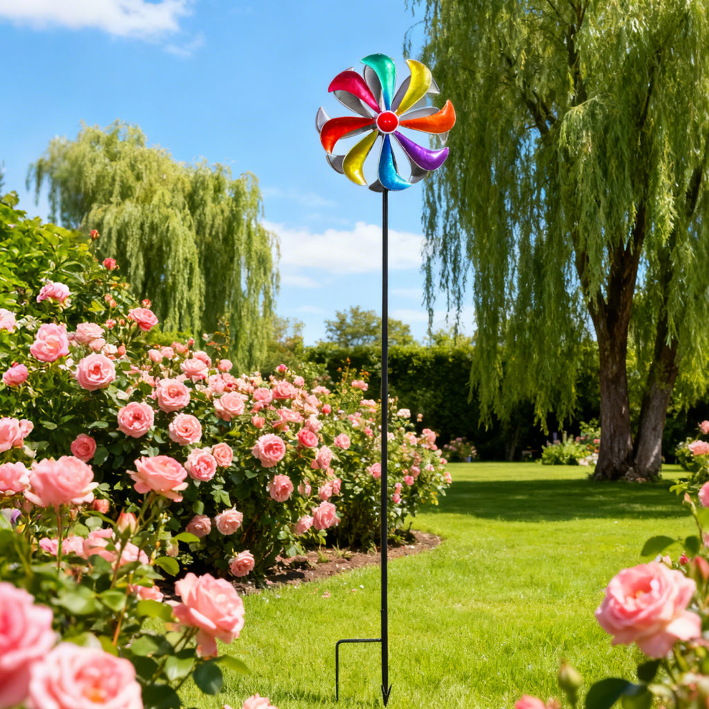 Kinetic Rainbow Wind Spinner – Colorful Metal Windmill Garden Stake (42.5" Tall)