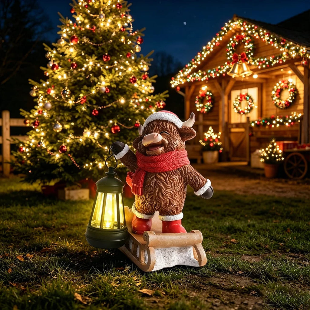 Christmas cow solar lantern statue with red scarf and black lantern on rocking sleigh