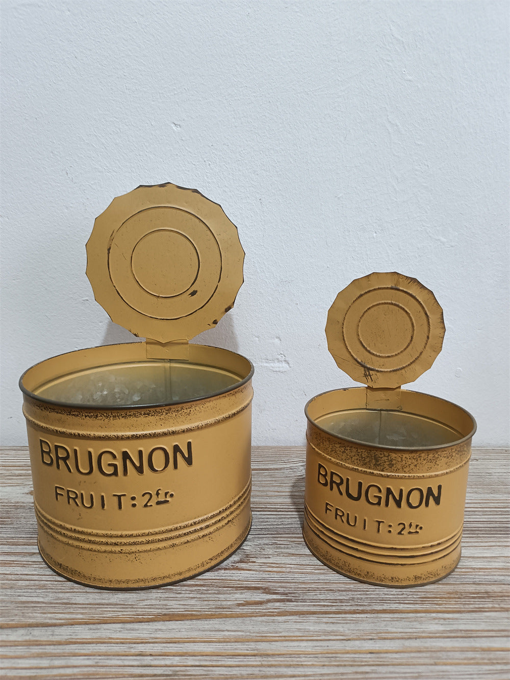 Vintage French Fruit Tin Can Planter Set (Set of 2) – Rustic Metal Garden Pots