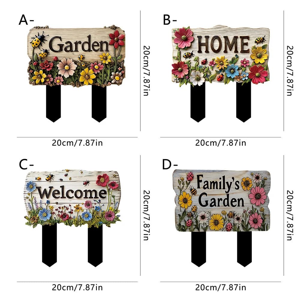 Four floral wooden yard stakes labeled A–D: Garden, HOME, Welcome, Family's Garden