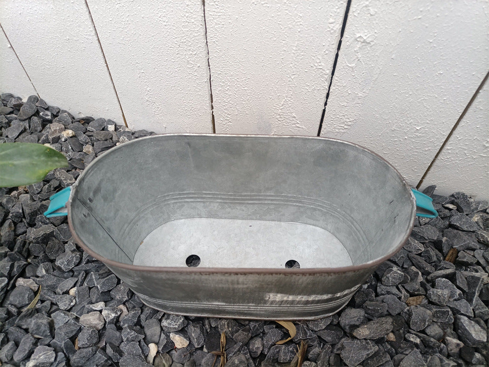 Vintage French Country Galvanized Planter – Distressed "Bonne" Metal Pot with Blue Handles (4 Styles)