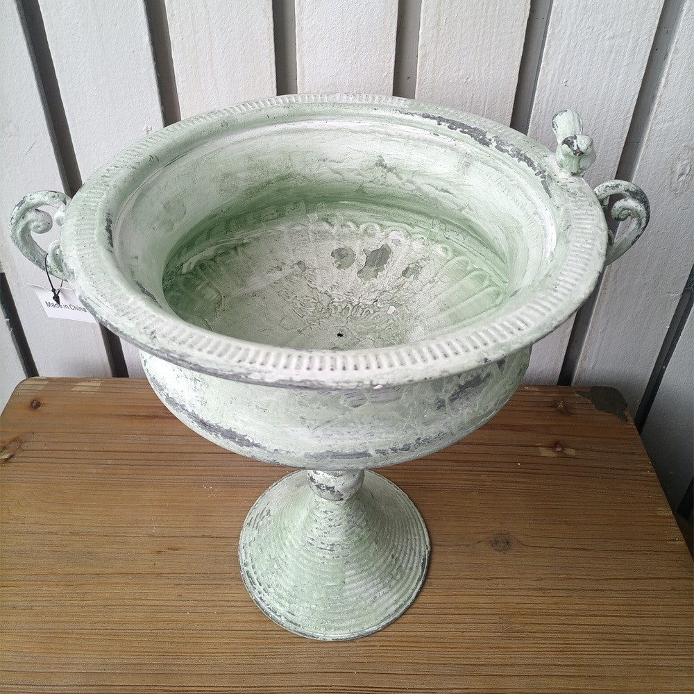 French Country Pedestal Planter Urn – Vintage Bird Trophy Garden Pot – Distressed Verdigris & Antique Gold (15.7" Tall)