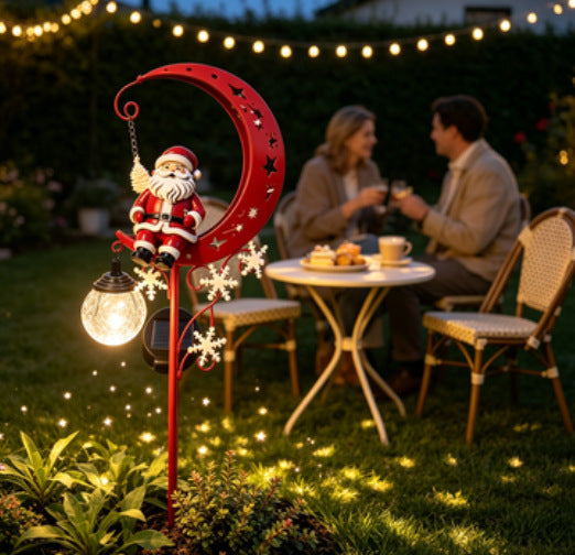 Luminous Winter Moon – Solar Metal Santa Pathway Stake with Glowing Glass Orb (33.5" Tall)