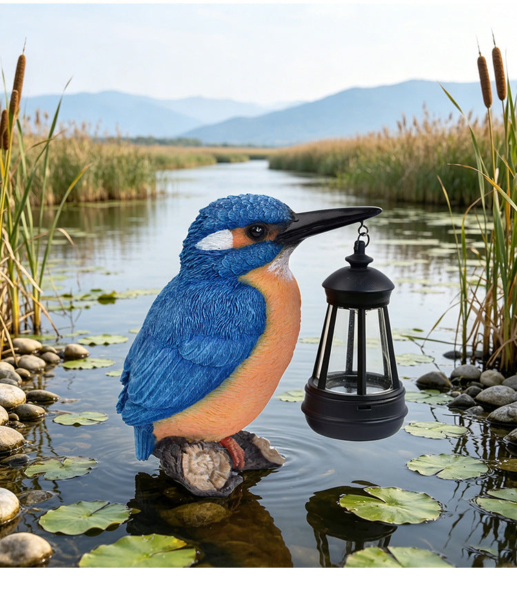 Luminous Kingfisher Solar Lantern Statue – Hand-Painted Resin Garden Bird Sculpture (7" Tall)