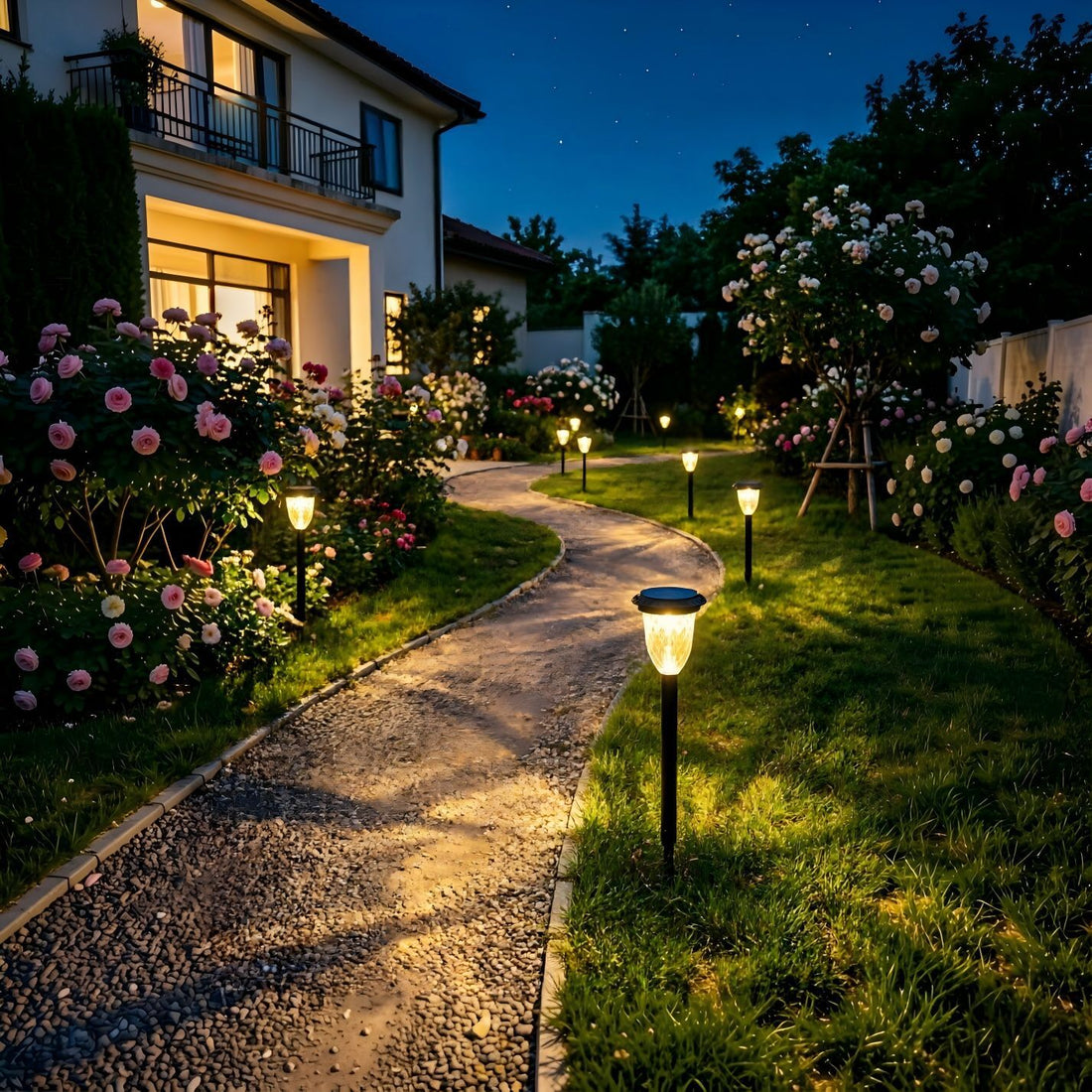 Solar LED pathway set: black stake lights with warm glow along garden walkway