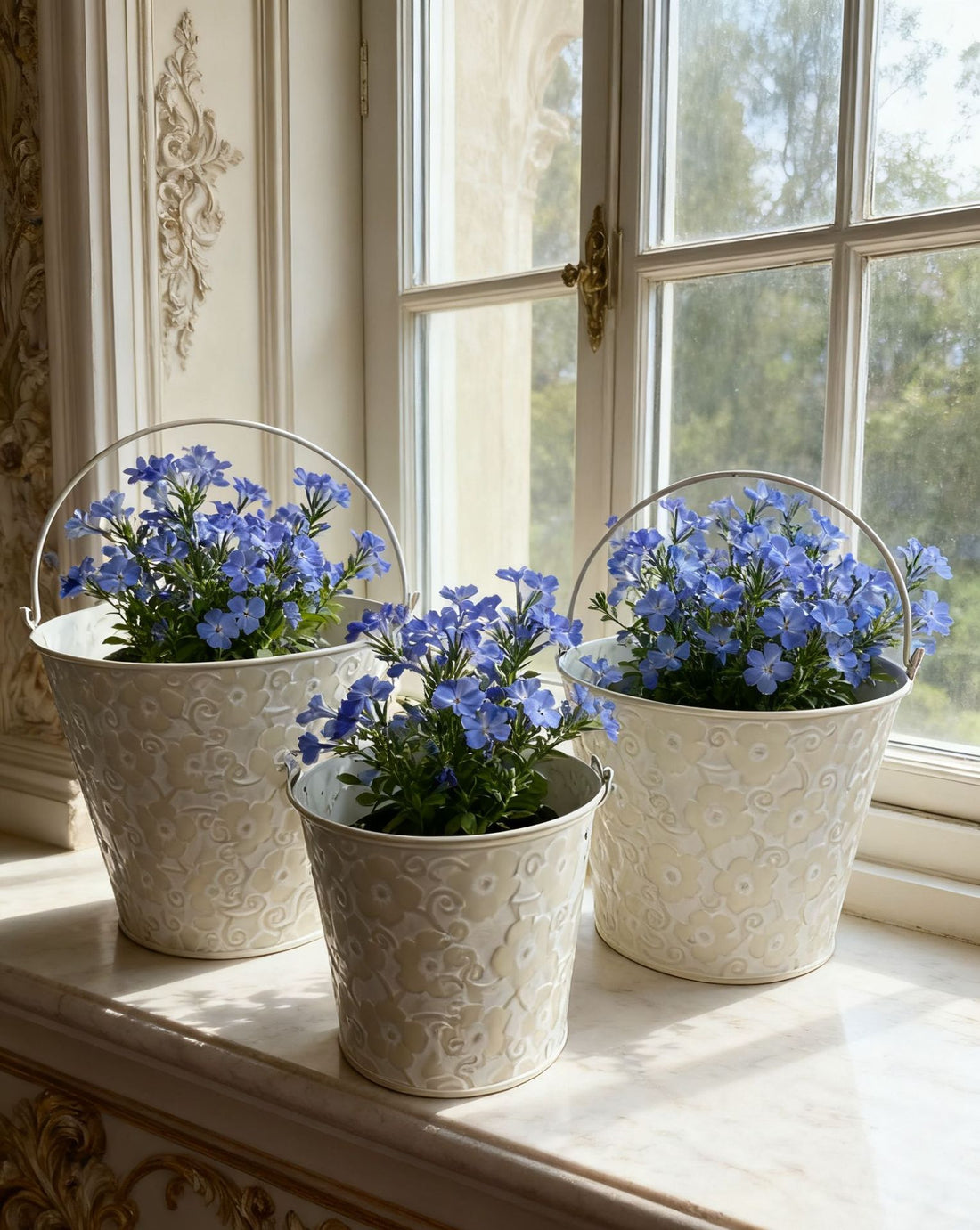 French Country Embossed Metal Planters – Vintage Floral Bucket Cachepots (Set of 3)