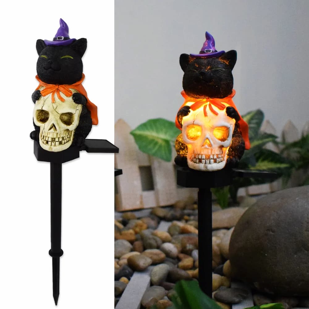 2-pak solcelledrevne Halloween-stilys med sorte kattetopper og lysende kranieansigter