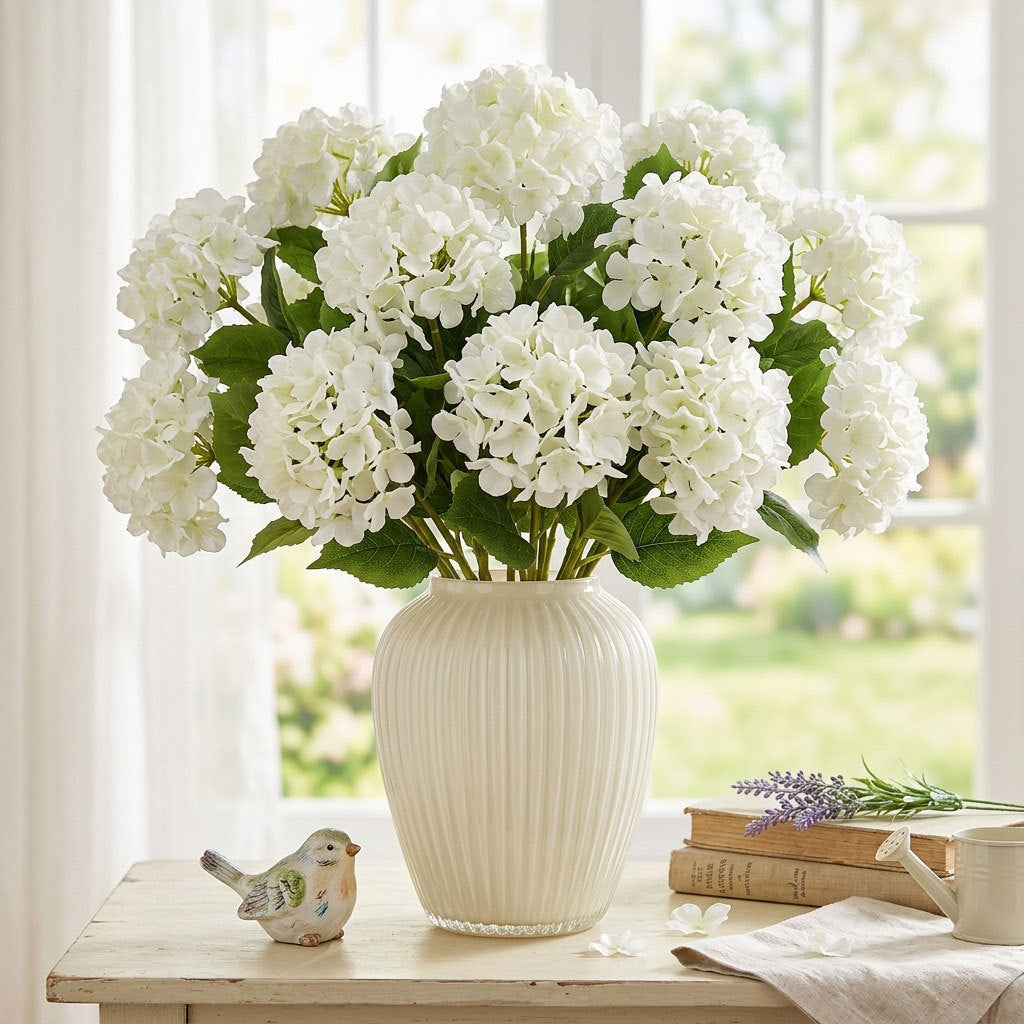 Lifelike Faux Hydrangea Stems – Romantic Artificial Silk Flowers (Set of 5 Large Blooms)