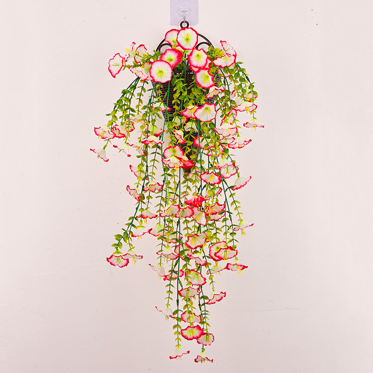 Hanging artificial morning glory vine with pink-red flowers and trailing green leaves