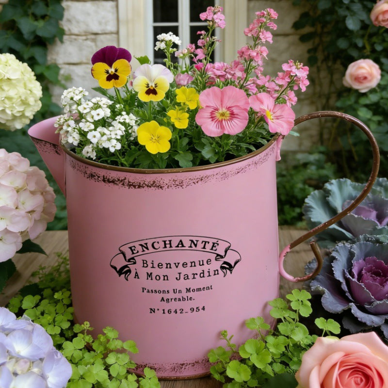 Vintage French Country Metal Planter Set of 4 – Rustic "Enchanté" Collection