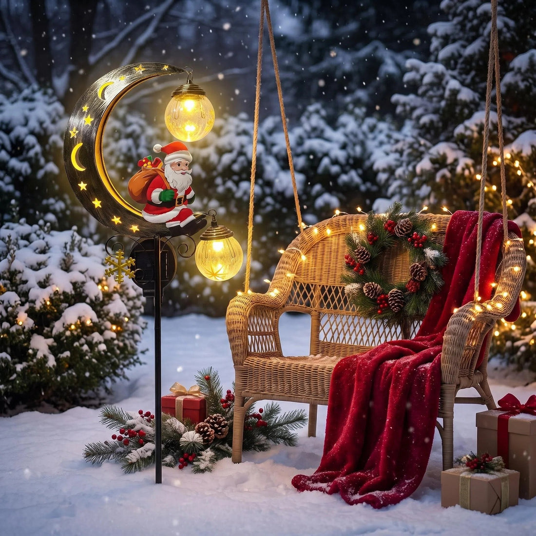 Luminous Winter Moon – Solar Metal Christmas Pathway Stake with Glowing Glass Orb (7 Styles)