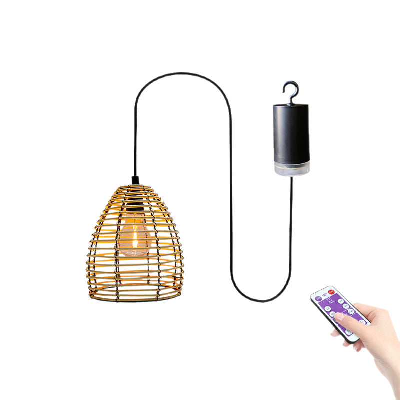 Rattan pendant lantern light with remote control and black power pack