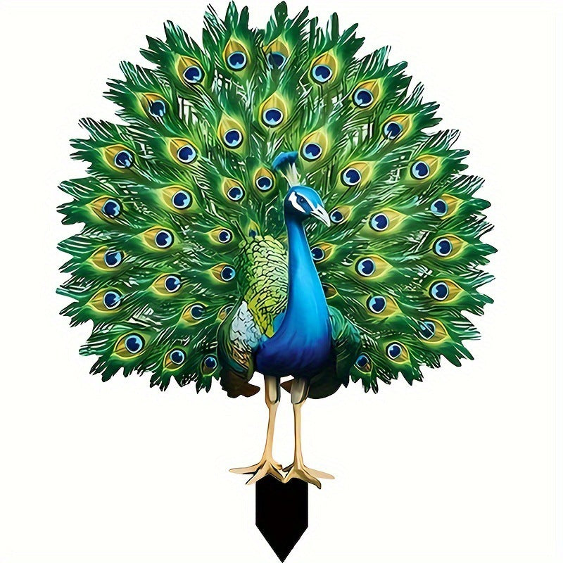Close-up of green and blue peacock 2D flat garden stake with gold legs and black base