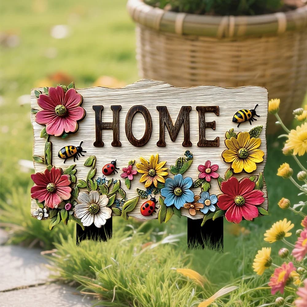 Floral wooden yard stake sign reading HOME, with colorful blooms and ladybugs