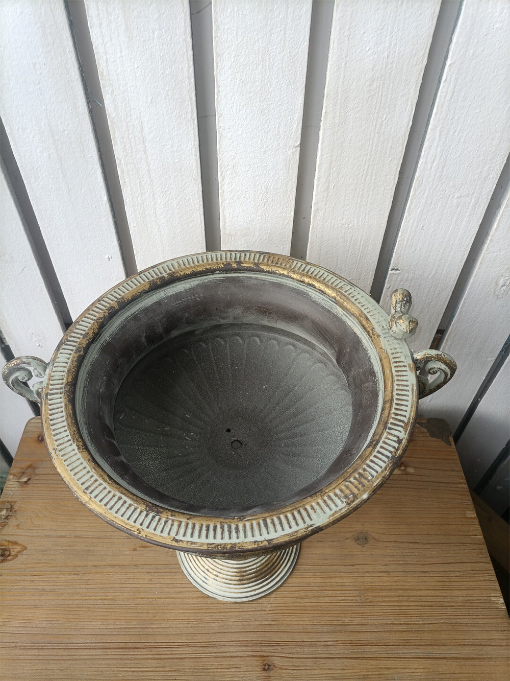 French Country Pedestal Planter Urn – Vintage Bird Trophy Garden Pot – Distressed Verdigris & Antique Gold (15.7" Tall)