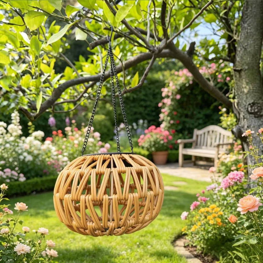 Woven rattan hanging globe lantern with metal chain, warm light outdoors