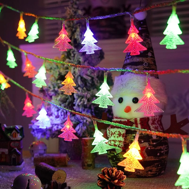 Multicolor LED string lights with glowing Christmas tree character bulbs