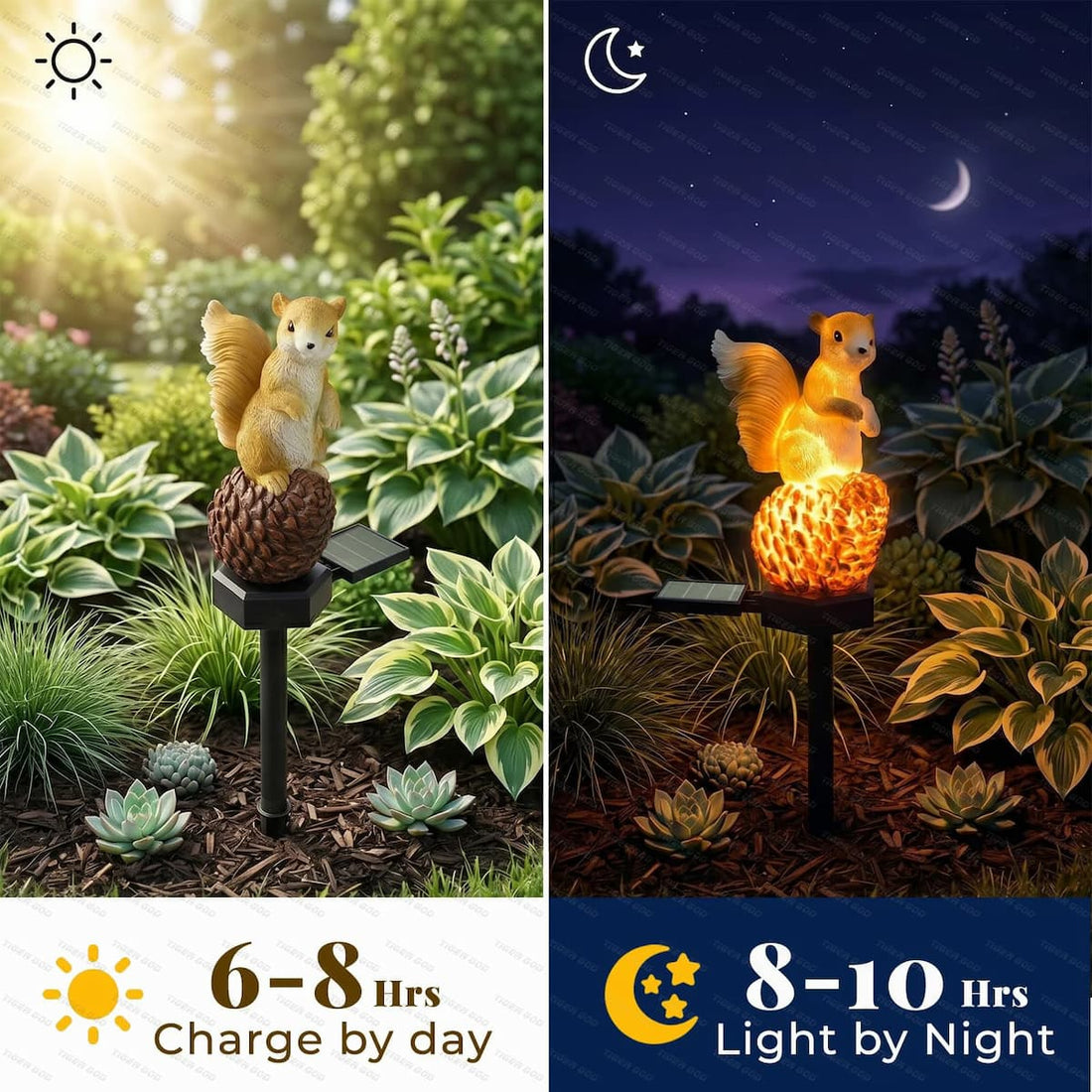 Lampada solare a paletto in resina a forma di scoiattolo, con puntale a pigna luminosa e base con pannello solare nero.