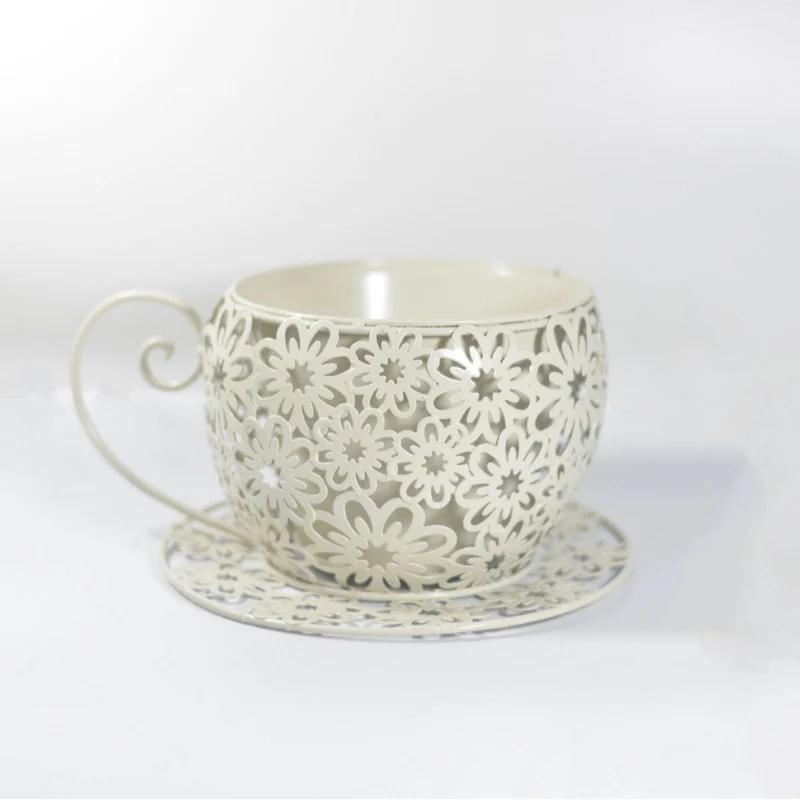 Vintage Floral Cutout Metal Teacup Planter – Rustic Iron Cachepot with Saucer Base & Scrolled Handle (11" Wide) - The Curated Shop